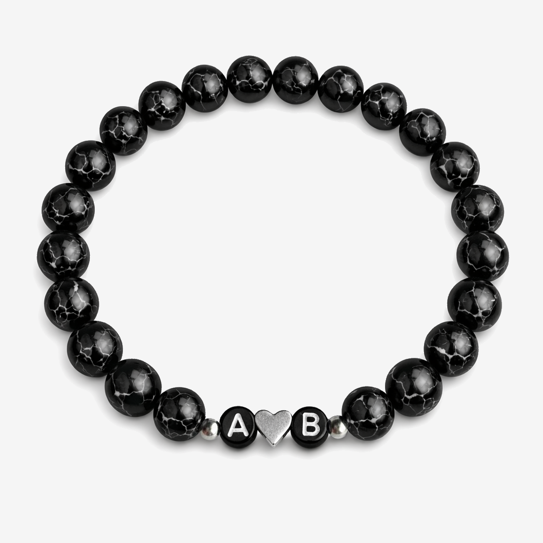 Schwarzes marmoriertes Armband mit Initialen, silberne Komponenten