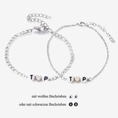 SET: Partnerarmbänder mit Initialen und Herz (Edelstahl)